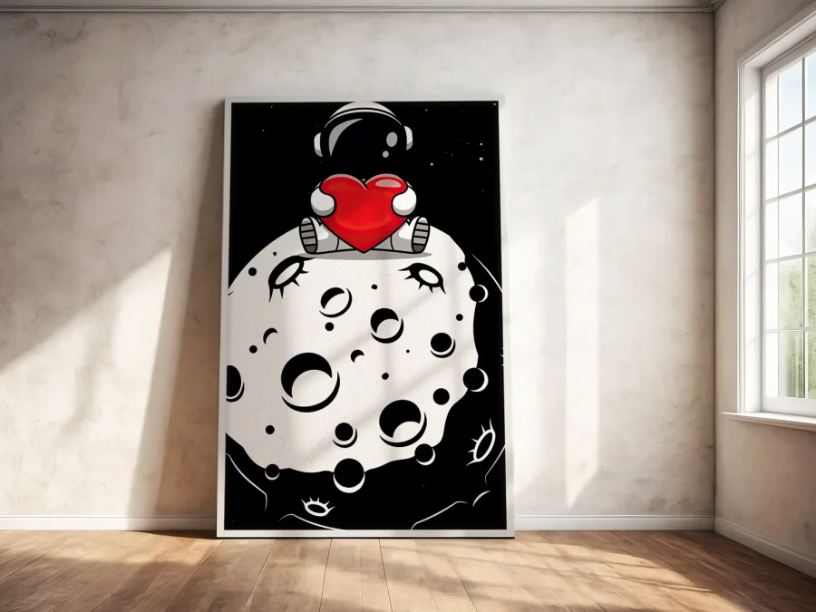 🚀 Tablou în ramă astronaut cu inimă pe lună