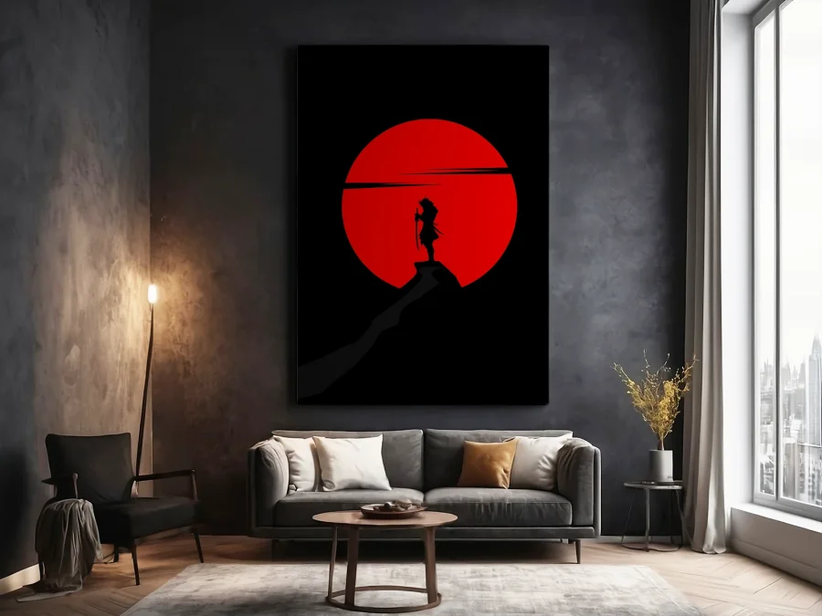 ⚔️ Картина Силуэт Самурая на фоне Красного Солнца на холсте