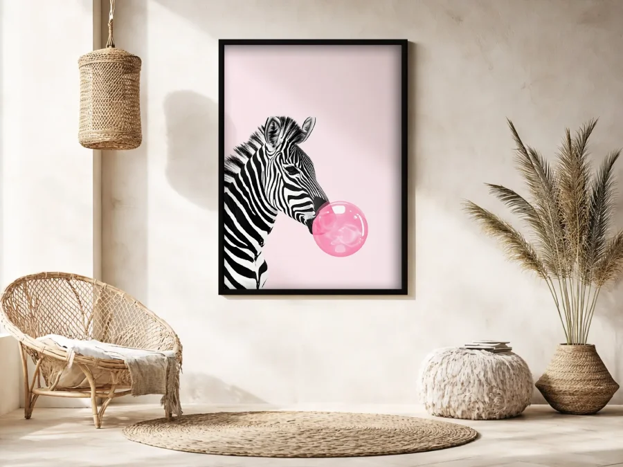 🦓 Tablou în ramă zebră cu balon roz stil pop art
