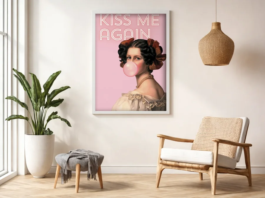 💋 Tablou pe pânză portret cu text KISS ME AGAIN