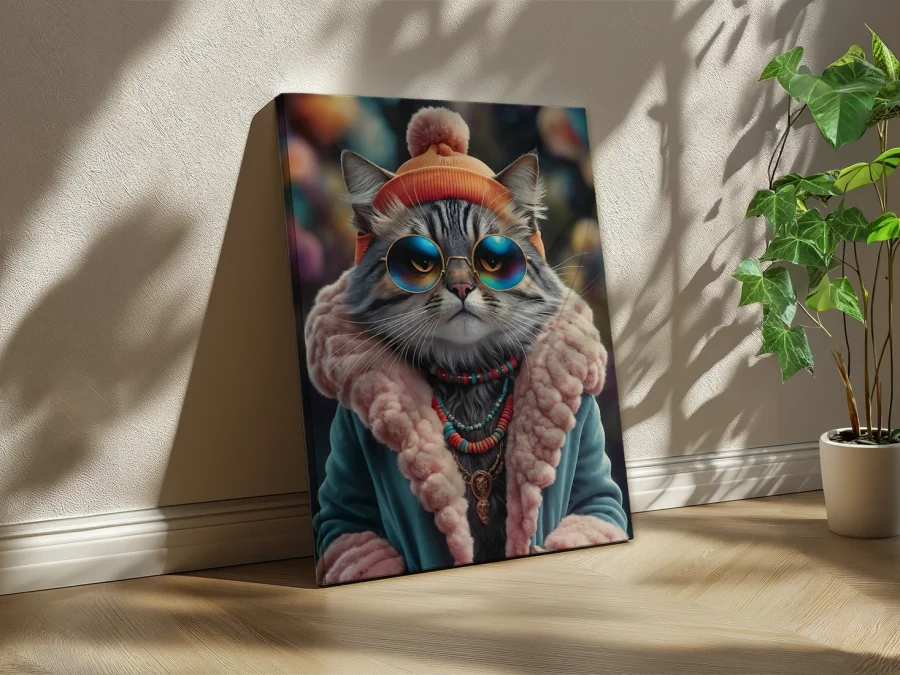 🐱 Tablou Motan Glamour cu ochelari albaștri pe pânză