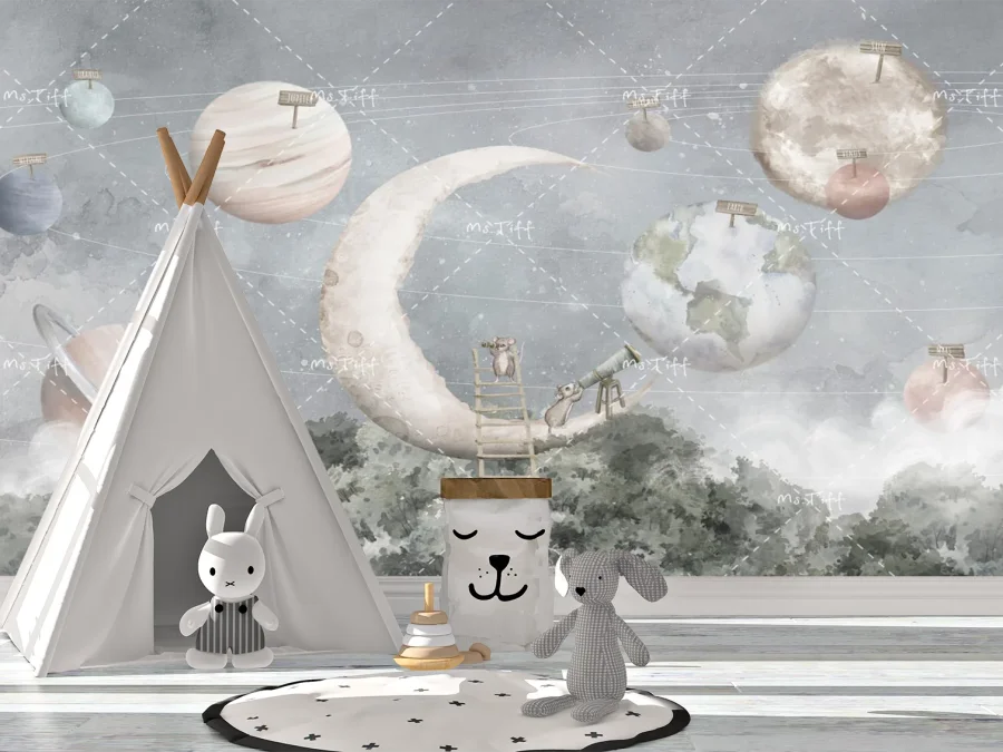 🌙 Фотообои «Космическая сказка с луной и планетами»