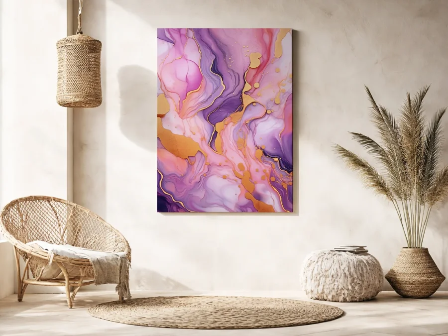 ✨ Tablou Fluid-art Roz cu aur pe pânză