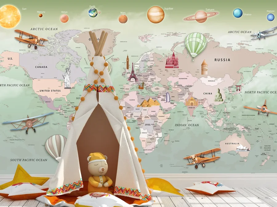 🗺️ Fototapet „Harta lumii pentru copii cu planete”