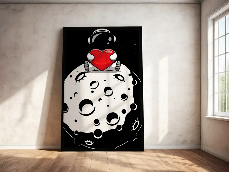 🚀 Tablou în ramă astronaut cu inimă pe lună