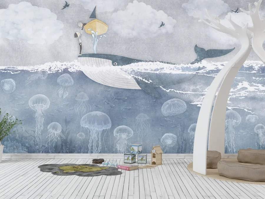 🐋 Фотообои «Кит и медузы в океане»