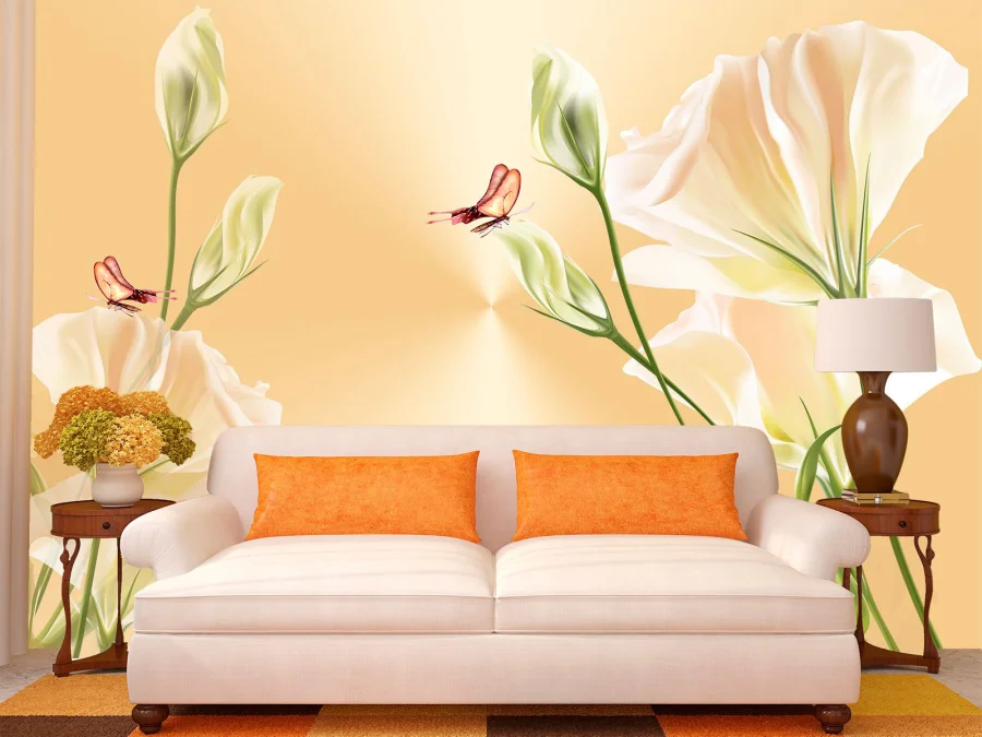 Fototapet Flori - Floare Datura cu fluturi pe un fon galben