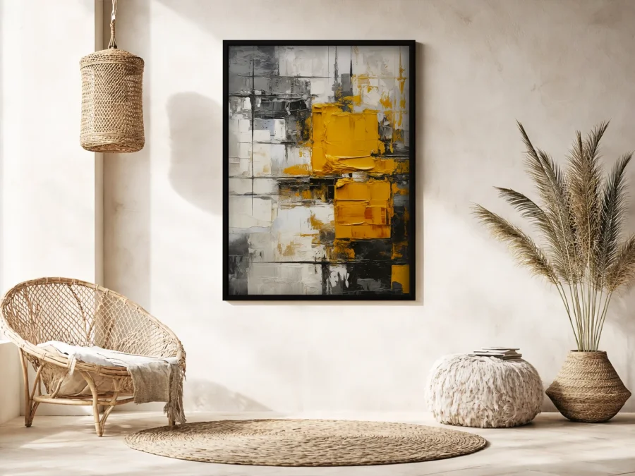 🎨 Tablou abstract accente gri și galben pe panza