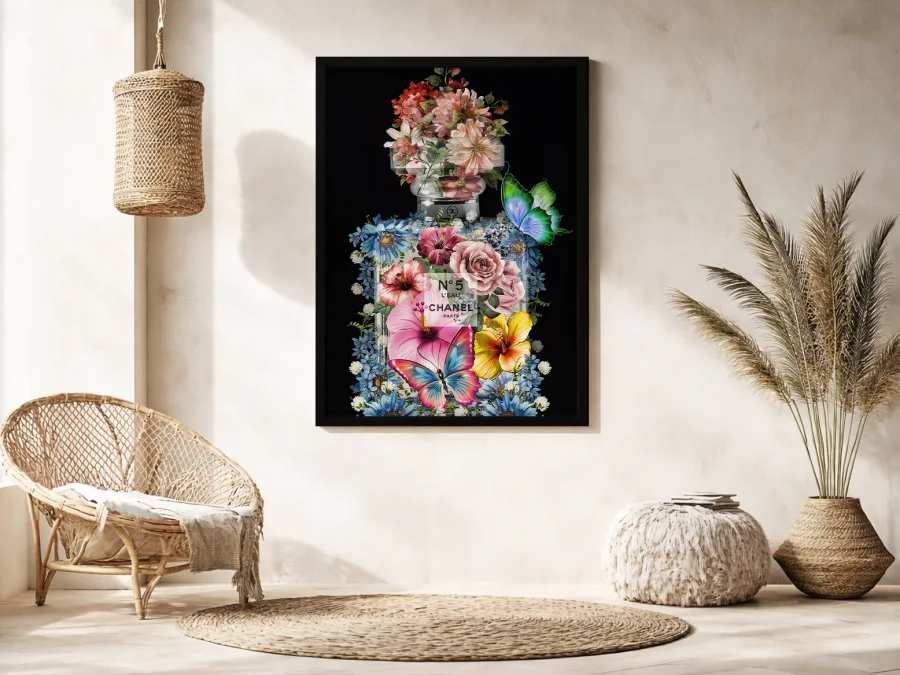 🌸 Картина на холсте Цветочный флакон Chanel с бабочками