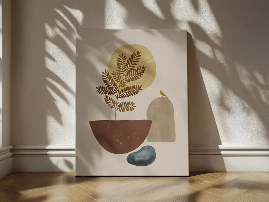 🌿 Картина на холсте Абстрактная ветвь с птицей и солнцем