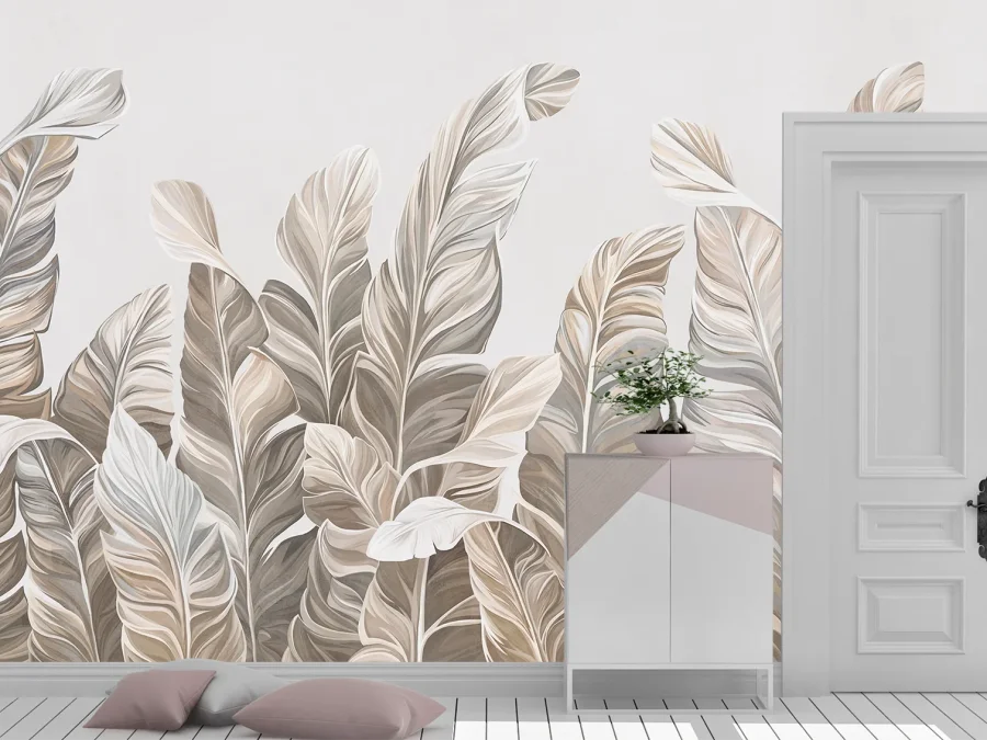 🍃 Фотообои «Бежевые тропические листья в светлом интерьере»