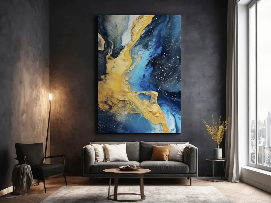 ✨ Tablou Abstracție Albastru-Auriu Ocean pe pânză