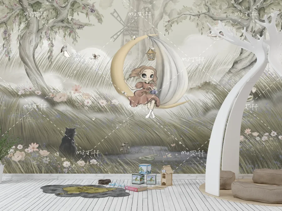 🌙 Фотообои «Девочка на луне в сказочном лесу»