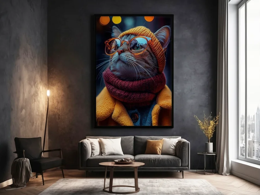 🐱 Tablou pisică stilată cu ochelari și fular