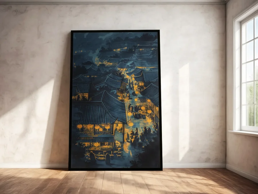 🌃 Tablou în ramă oraș asiatic noaptea cu lumini calde