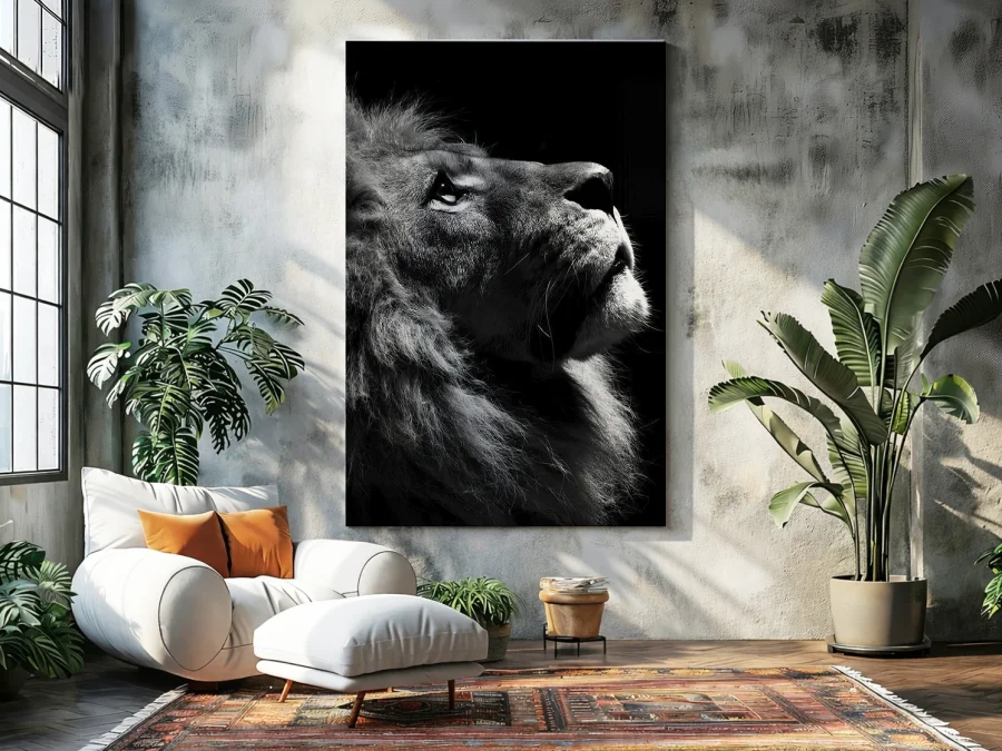 🦁 Tablou Profil de Leu Alb-Negru pe pânză