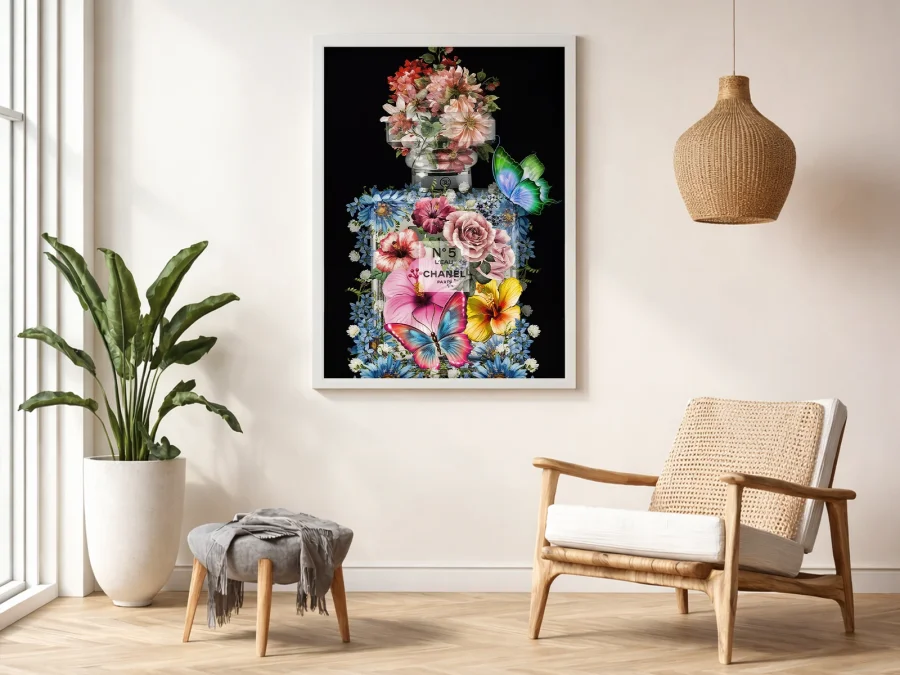🌸 Картина на холсте Цветочный флакон Chanel с бабочками