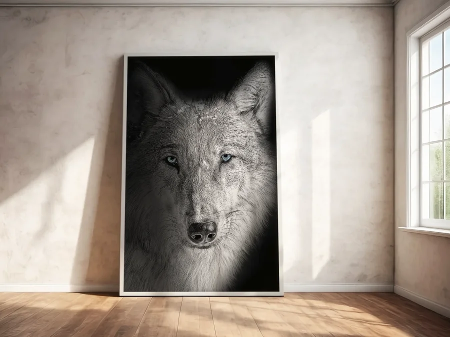 🐺 Tablou în ramă lup cu ochi albaștri portret expresiv