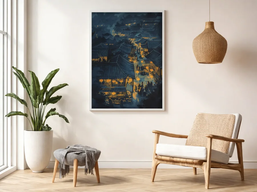 🌃 Tablou în ramă oraș asiatic noaptea cu lumini calde