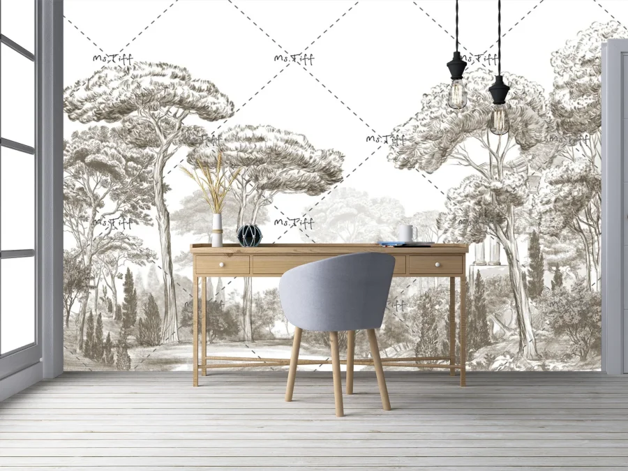 🌿 Фотообои «Классический лесной пейзаж в гравюре»