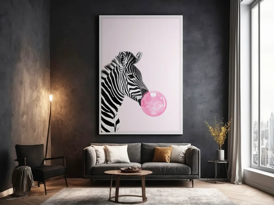 🦓 Tablou în ramă zebră cu balon roz stil pop art