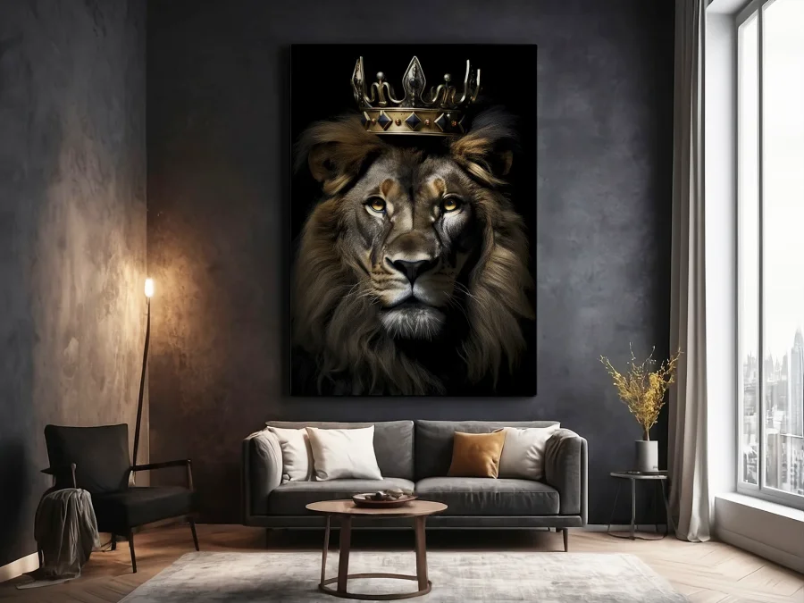 🦁 Tablou Regele Animalelor Leu cu coroană de aur pe pânză