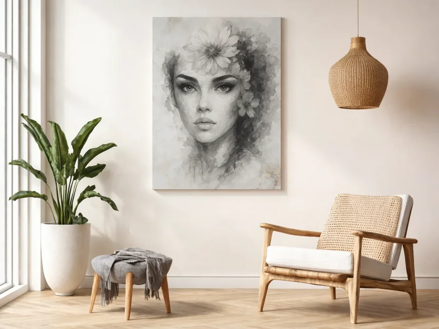 🎨 Tablou Portret de Femeie în Acuarelă cu flori pe pânză