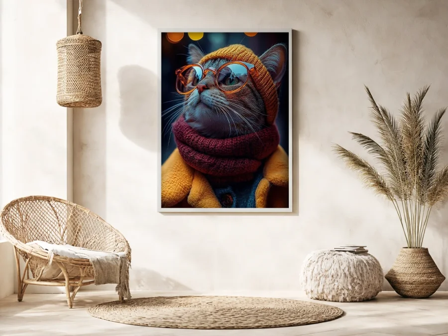 🐱 Tablou pisică stilată cu ochelari și fular
