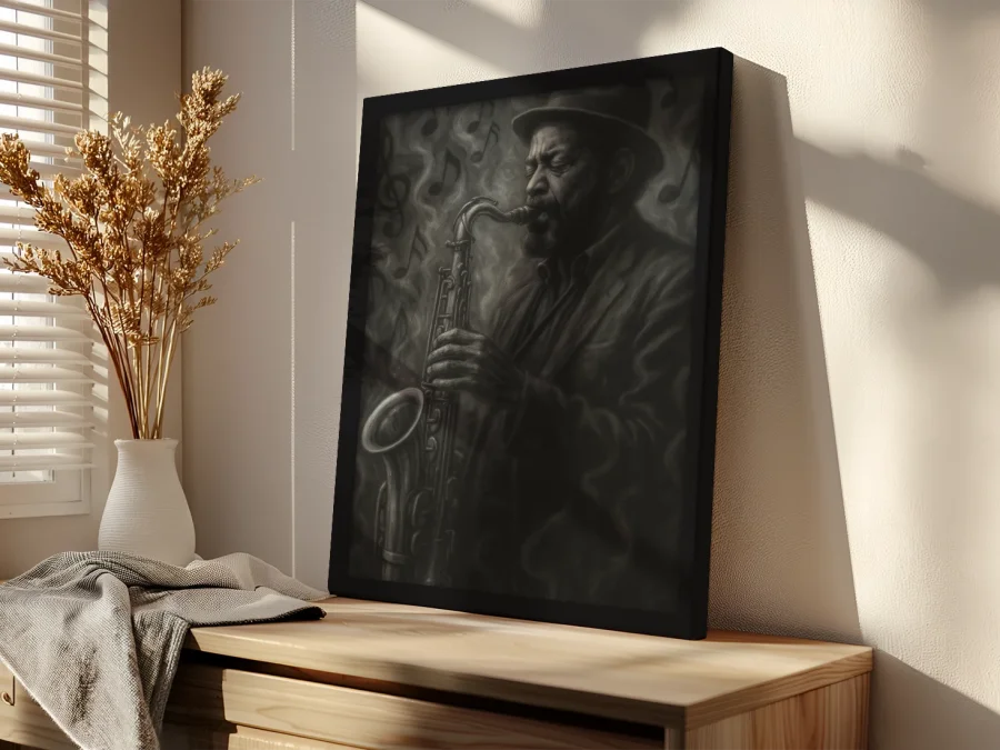 Tablou saxofonist jazz stil întunecat pe panza