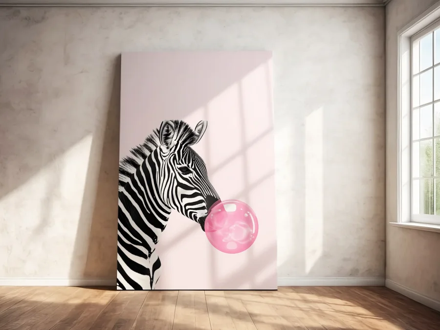 🦓 Tablou Zebră cu gumă roz pe pânză
