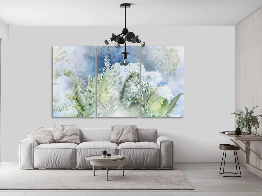 🌿 Модульная картина тропические листья в небесных тонах