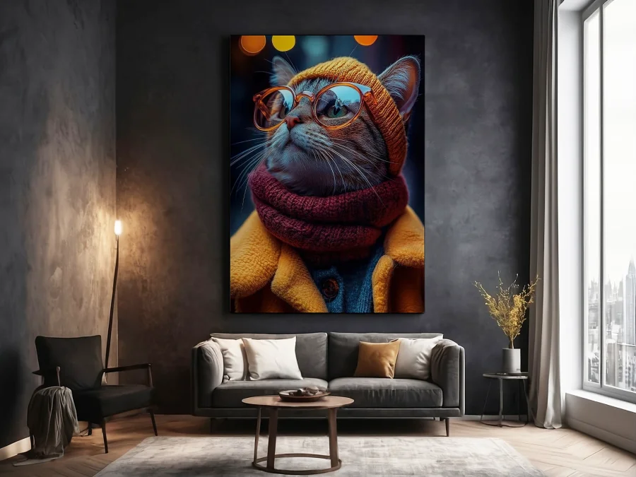 🐱 Картина Стильный Кот в очках и шапке на холсте