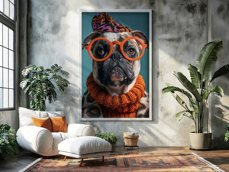 🐶 Картина стильный мопс в очках и шарфе на холсте