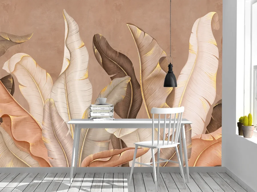 🍂 Фотообои «Бежевые листья с золотыми прожилками»